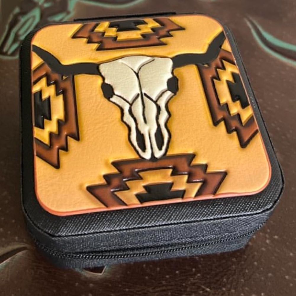 Western Skull and Aztec Print Leather Travel Jewelry Box. NWT